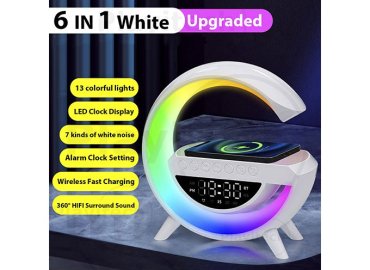 All-in-One Smart LED Lamp with Clock, Wireless Fast Charging, and Bluetooth Speaker – White