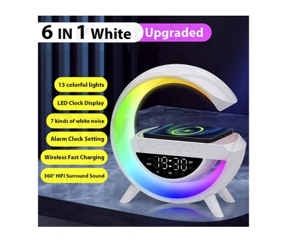 All-in-One Smart LED Lamp with Clock, Wireless Fast Charging, and Bluetooth Speaker – White