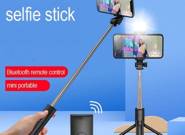 Black Bluetooth Selfie Stick Tripod with Integrated Fill Light and Shutter Remote
