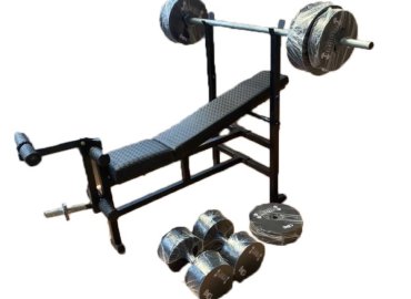 Black Exercise Bench with Barbell and Two Dumbbells