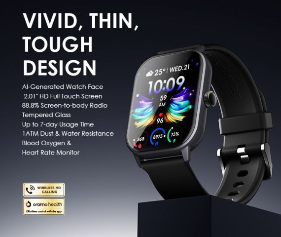 Black Oraimo Watch 5 with 2.01″ HD Panda Glass and 1ATM Waterproof Smart Features