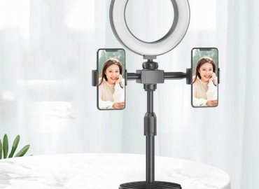 Black/White Mobile Phone Stand Featuring 2 Clips and 6-Inch LED Ring Light