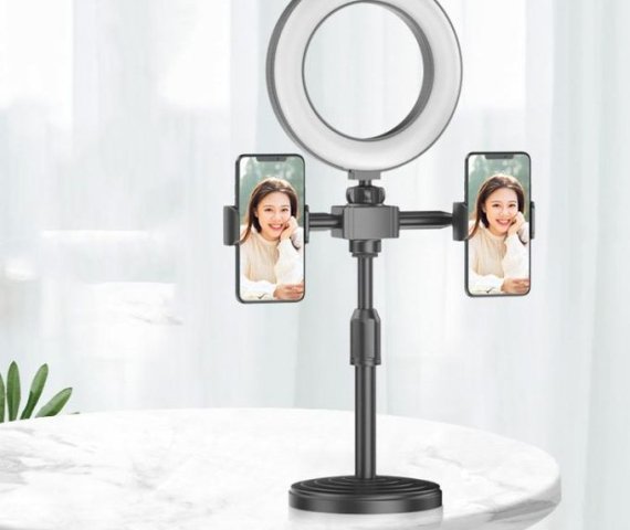 Black/White Mobile Phone Stand Featuring 2 Clips and 6-Inch LED Ring Light
