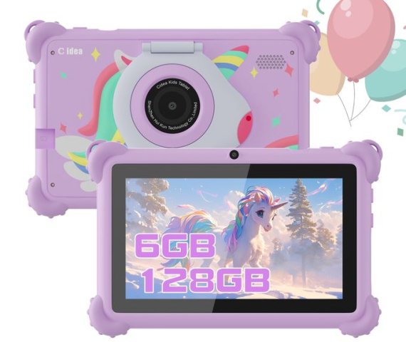 C Idea 7-Inch Android 12 Kids Tablet with Dual Cameras, 128GB Storage, 6GB RAM, and 5000mAh Battery in Purple