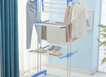 Collapsible 3-Tier Clothes Drying Rack – Blue/White