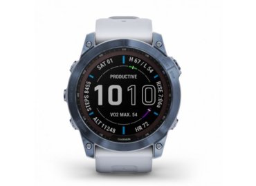 Garmin Fenix 7 Power Sapphire Solar Multisport GPS Watch – Mineral Blue Titanium with White Stone Band
