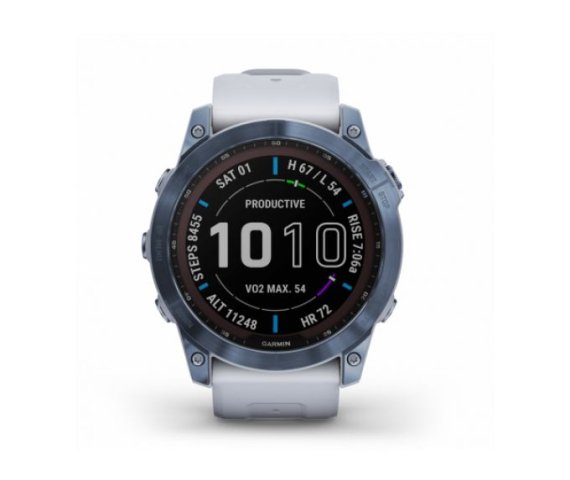 Garmin Fenix 7 Power Sapphire Solar Multisport GPS Watch – Mineral Blue Titanium with White Stone Band
