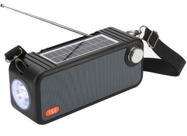 Grey Solar-Powered Bluetooth Speaker with Outdoor FM Radio, TF Card, Stereo Subwoofer, and LED Flashlight – Model TG637 (9.02 x 3.07 x 3.78 inches) – tvx15756