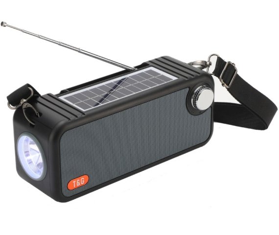 Grey Solar-Powered Bluetooth Speaker with Outdoor FM Radio, TF Card, Stereo Subwoofer, and LED Flashlight – Model TG637 (9.02 x 3.07 x 3.78 inches) – tvx15756