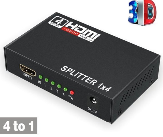 HDMI Splitter: 1 Input to 4 Output for HDMI Video Monitors, Supports 3D and Full HD 1080P Resolution – EU Plug – Model TVX15715