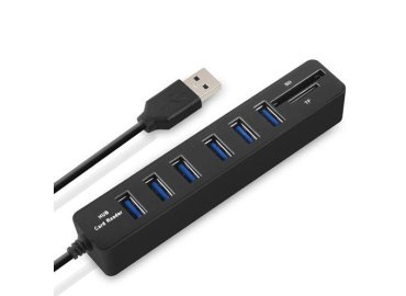 High-Speed 6-Port USB 2.0 Hub Splitter with TF SD Card Reader (Black)