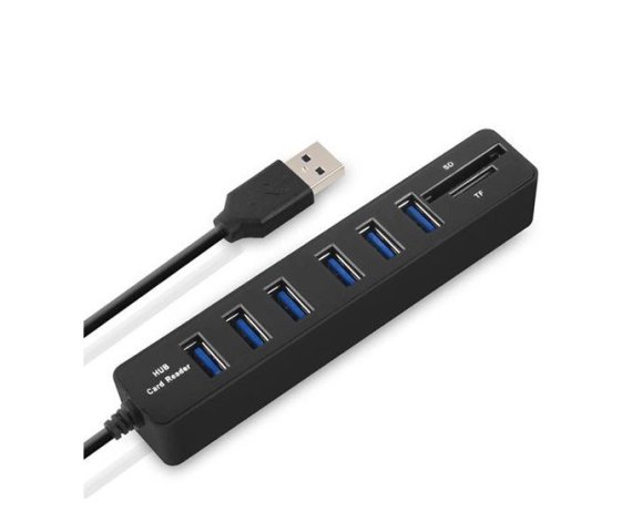 High-Speed 6-Port USB 2.0 Hub Splitter with TF SD Card Reader (Black)