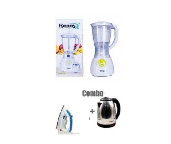 Kepas 1.5L Electric Unbreakable Blender with Grinder – 8000W – White + Complimentary Kettle & Iron