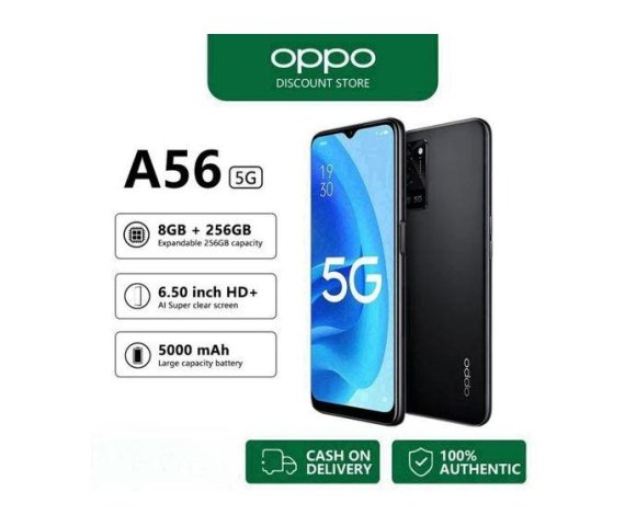 Oppo A56 Black – Brand New 5G Smartphone with 6.5-inch Display, 8GB RAM, 128GB/256GB Storage, 5000mAh Battery, Android Features, and Free Accessories at a Discounted Price