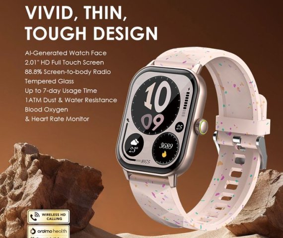 Oraimo Watch 5 Pink Smart Watch with 2.01” HD Panda Glass and 1ATM Water Resistance