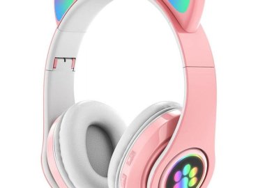 Pink Bluetooth Wireless Headphones with Adorable Cat Ear Design and LED Lights