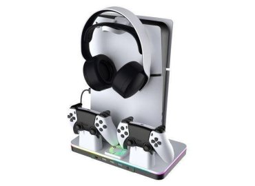 PS5 Slim Console Stand with Fast Charging Base, Cooling Fan, and Luminous RGB Lighting – Multifunctional Charging Station