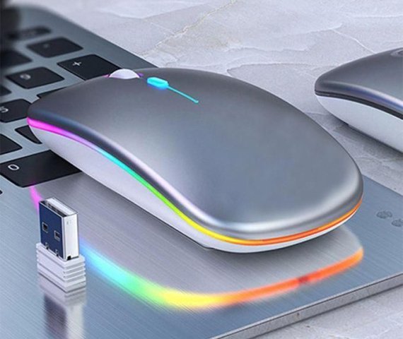 Rechargeable Ultra-Thin Wireless Mouse with Colorful LED – Silver, 2.4G