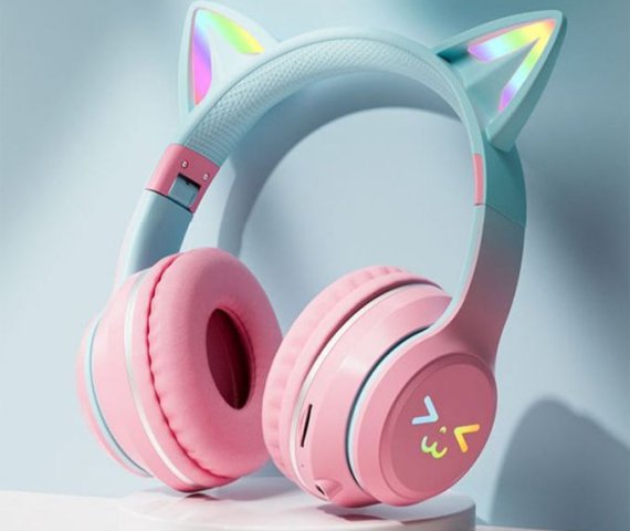 RGB Wireless Headphones for Girls – Cute Cat Design, Microphone, Stereo Sound, Perfect Gift for Kids – Gaming Earbuds with Light Control