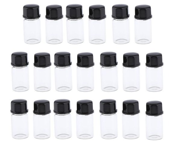 Set of 20 Glass Vials with 3ml Capacity and Black Caps for Essential Oils and Perfumes